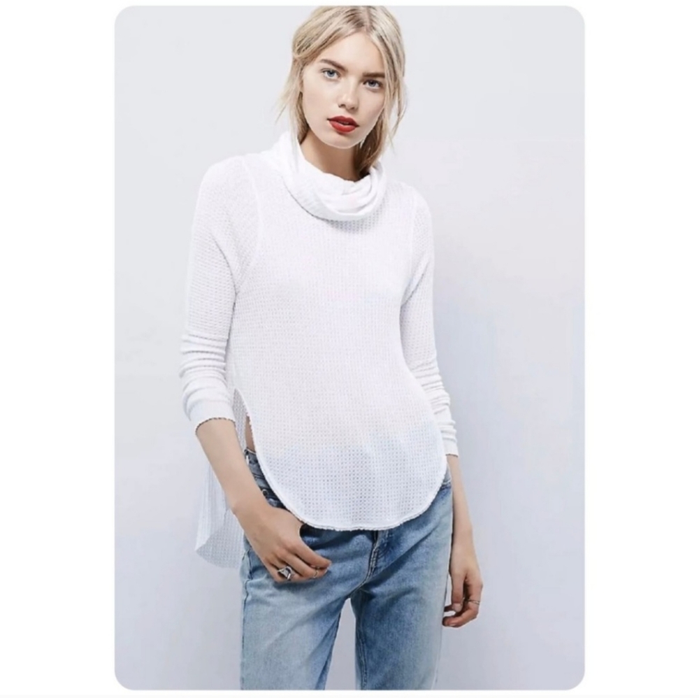We the Free Kristina Drippy Waffle Knit Thermal Cowlneck White Top Medium